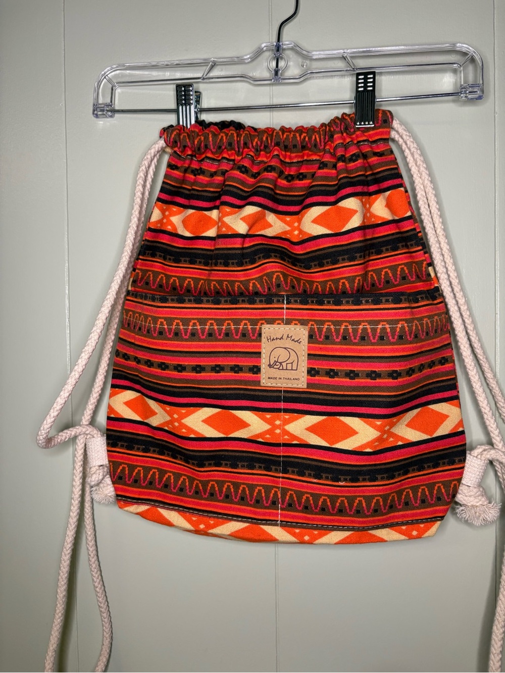 Handmade Patterned Drawstring Backpack in Orange and Red - Picture 4 of 4